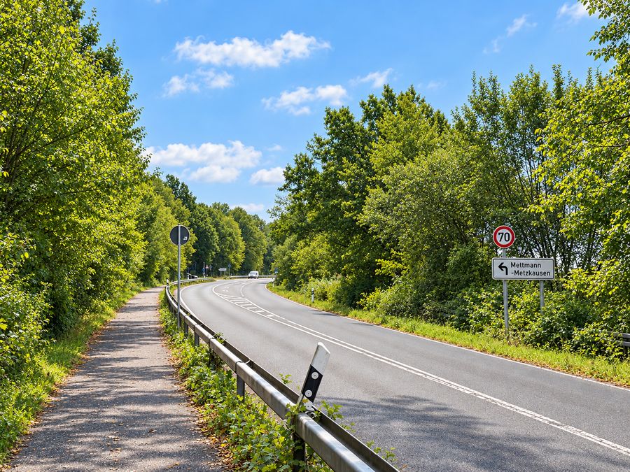 Die Ratinger Landstraße in einer leichten Kurve zwischen Bäumen und Sträuchern. Rechts am Straßenrand ein Schild mit Tempolimit 70 km/h und ein Wegweiser nach Mettmann-Metzkausen, links ein Fuß- und Radweg hinter einer Leitplanke.